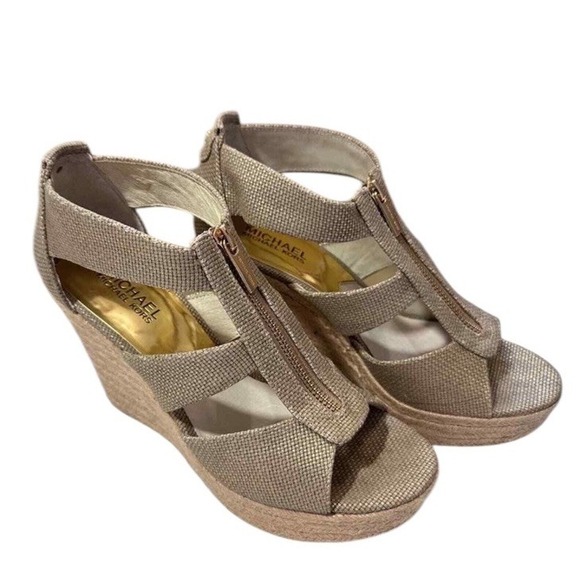 Michael Kors Damita Gold Wedge Sandals US SZ 9M Metallic Zipper Woven Jute EUC - Picture 1 of 11